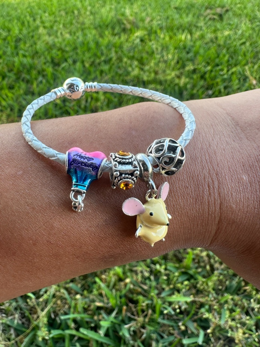 Pandora White Braided Bracelet with Yellow Mouse and Pink Shoe Charms - Picture 7 of 7
